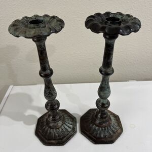 2 Department 56 Vintage Candle Holders Metal Verdigris Patina India 11”
